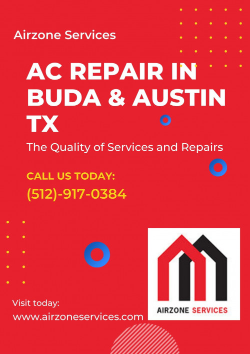 Airzone Services offers top-notch AC repair service in Austin & Buda, Texas. Our team of experienced technicians is dedicated to providing timely and efficient repair solutions for all your cooling system needs. With our state-of-the-art equipment and expertise, we ensure that your AC unit is functioning at its best, keeping you cool and comfortable even in the hottest of summers. Call today at (512) 917-0384.