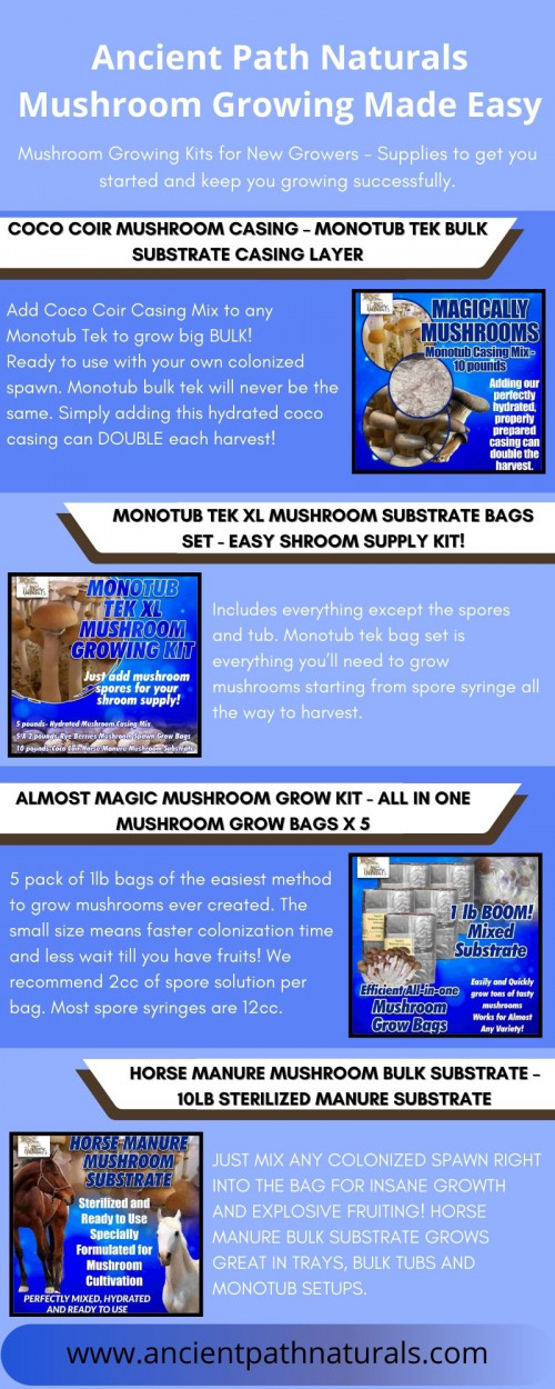 Mushroom Growing Kits for New Growers at https://ancientpathnaturals.com/ - Supplies to get you started and keep you growing successfully. Simplified all in one grow bags, Morel growing kits, casing, monotubs - Excellent info on Shrooms, Psilocybe and everything mushrooms! Our Support Pros have the expertise to make every grow awesome! Free Shipping - Every step of your grow we are here to help.