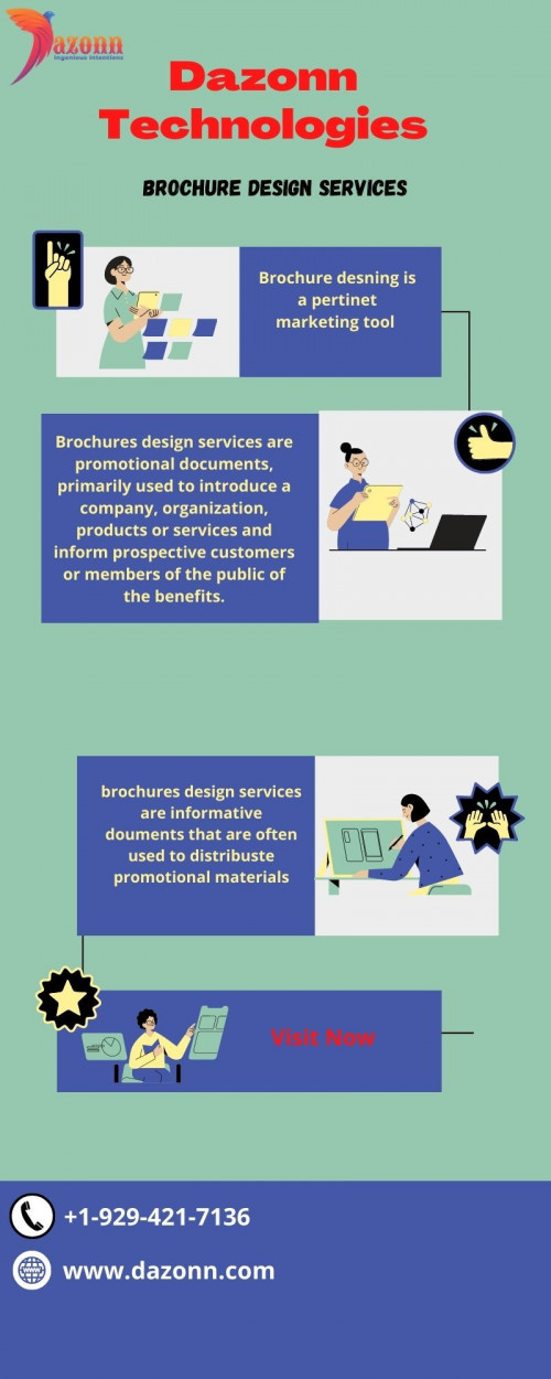 Brochure designing is a pertinent marketing tool. Our brochure design services understand your vision, goals, needs, budgets and then create a concept to not only optimize your goal for marketing but to make its layout attractive and convenient to understand to your target audience .brochures are informative documents that are often used to distribute promotional materials.

For more information contact us at +1-929-421-7136 and you can visit our official website https://dazonn.com/