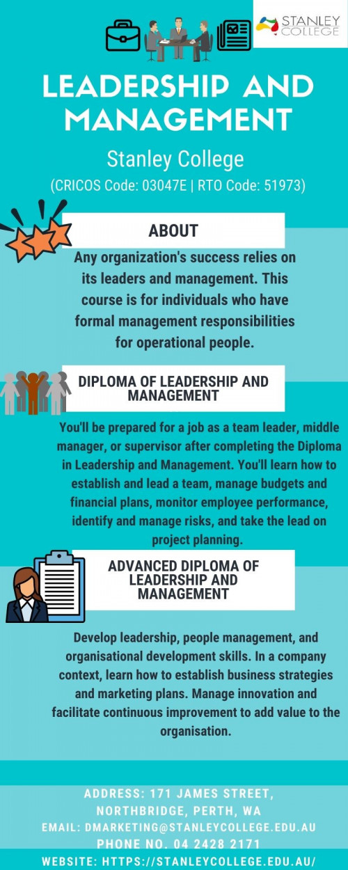 If you want to work as a company manager, project manager, or any other type of leader, taking a course like the leadership and management course is a great way to get started. This course will provide you with the necessary abilities to succeed as a leader or manager. Stanley College (CRICOS Code: 03047E | RTO Code: 51973) is one of the best colleges in Perth for international students and offers two types of management courses in Perth i.e. diploma or advanced diploma in leadership. For more info regarding management courses, contact us now.

https://stanleycollege.edu.au/vocational-courses/leadership-and-management/