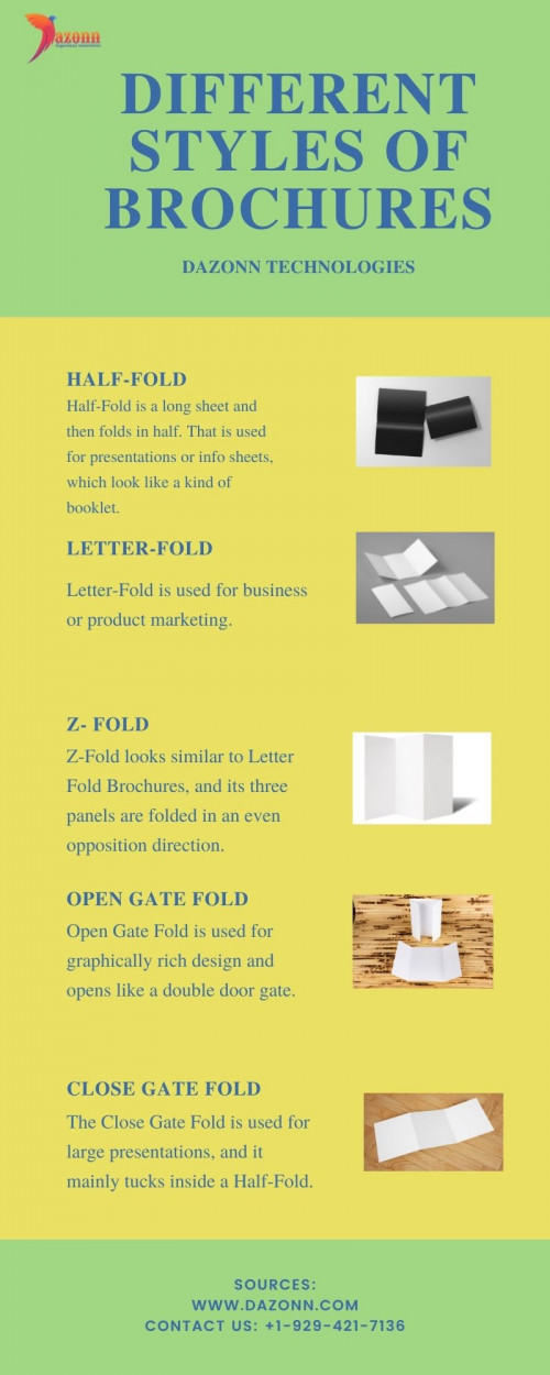 Now, brochures are one of the most fertile marketing media in print, but pamphlets provide information for products and many other services. Dazonn Technologies creates various different of brochures such as Half Fold, Letter Fold, Z Fold, and Open Gate Fold. The company uses this brochure to provide insight into products, map sheets, and company portfolios. The primary use of flyers is to grab the attention of an audience. Click Here https://dazonn.com/designing/