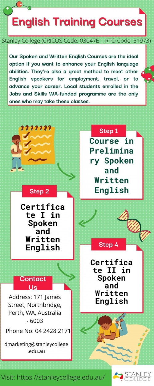 English is the language of international communication and spoken universally. Study English is now necessary for getting a job, to travel the world, and for socializing. Australia is a country where people speak in English, so studying in Australia is best for students who want to improve their English and want to good command on English languages.  English language courses not only improve students’ skills but also build confidence while speaking with others. If you looking for college in Perth for English language then Stanley college (CRICOS Code: 03047E | RTO Code: 51973) is one of the best college for students to do these kind of vocational education.