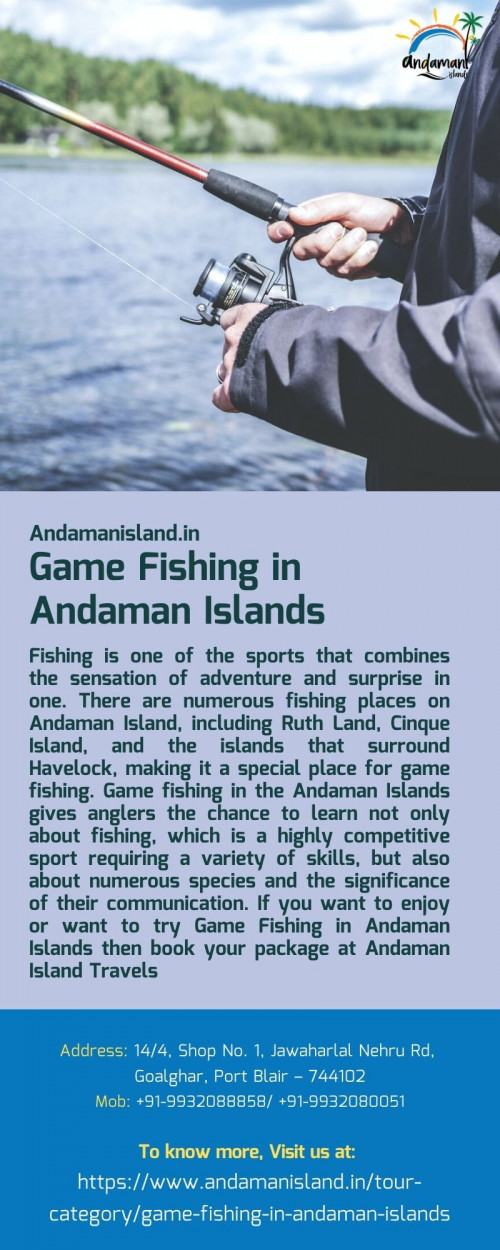 Fishing is one of the sports that combines the sensation of adventure and surprise in one. Game fishing in the Andaman Islands gives anglers the chance to learn not only about fishing, which is a highly competitive sport requiring a variety of skills, but also about numerous species and the significance of their communication. If you want to enjoy or want to try Game Fishing in Andaman Islands then book your package at Andaman Island Travels
For more info visit us at: https://www.andamanisland.in/tour-category/game-fishing-in-andaman-islands