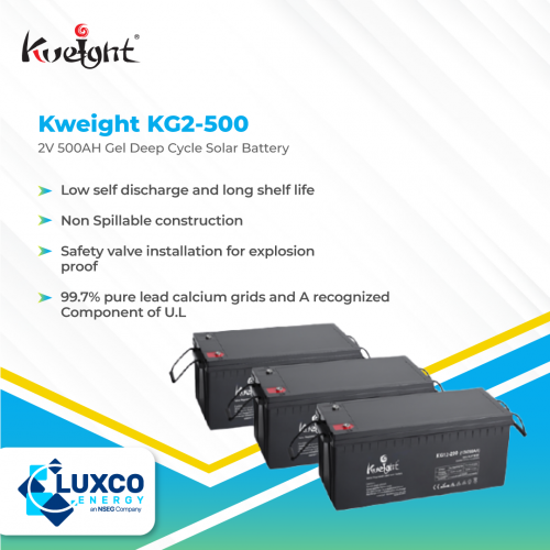 Kweight KG2-500
2V 500AH Gel Deep Cycle Solar Battery

1. Low self discharge and long shelf life
2. Non spillable construction
3. Safety valve installation for explosion
4. 99.7% pure lead calcium grids and A recognized Component of U.L

Visit our site: https://www.luxcoenergy.com.au/wholesale-solar-battery/kweight/