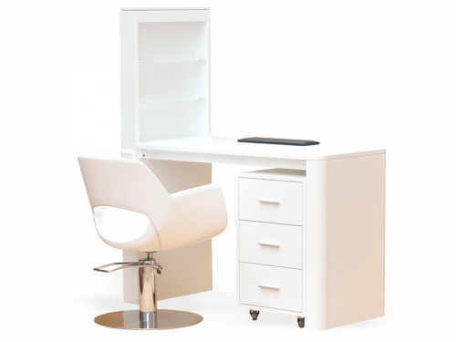 Professional Manicure Table in white acetone resistant coating. Moveable drawer cabinet, large work top with hand rest cushion, storage shelves with tempered glass, electrical point to connect UV/LED nail lamp.

https://www.spafurniture.in/products/damini-nail-manicure-table/