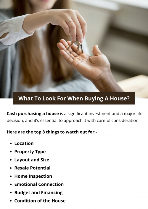 When buying a house, consider the location, property type, and your budget. Assess the home's condition through a professional inspection, checking for structural integrity, plumbing, and HVAC systems. Evaluate the layout, number of rooms, and outdoor space. Lastly, think about resale potential and ensure the house feels like a home that suits your lifestyle. To know more visit here https://www.904homebuyer.com/