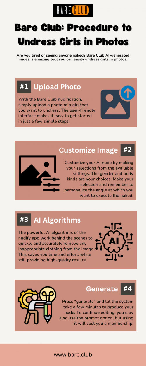 The AI Nude Generator Online is a quick tool that can easily generate nude images of people. Users can also increase their plans to fit their needs, and it is completely free to use. https://bare.club/generate
