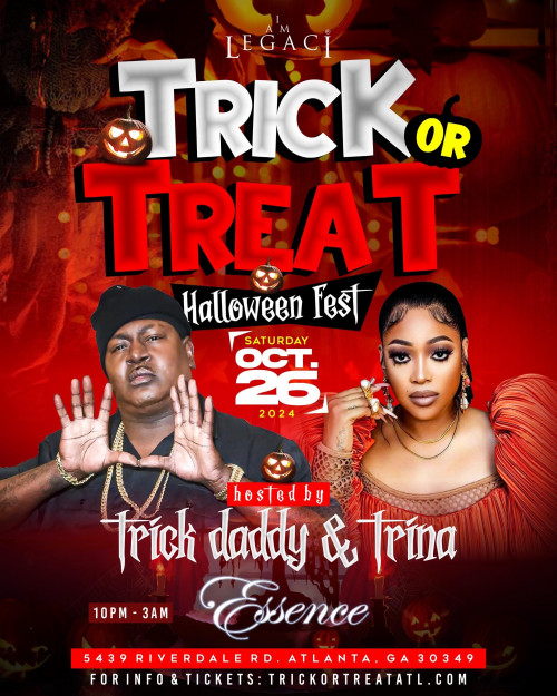 I AM LEGACI is organizing TRICK OR TREAT HALLOWEEN FEST with TRICK DADDY, TRINA and FRIENDS event by I AM LEGACI2024–10–26 10 PM in United States, we are selling the tickets for TRICK OR TREAT HALLOWEEN FEST with TRICK DADDY, TRINA and FRIENDS https://www.ticketgateway.com/event/view/trick-or-treat-halloween-fest-with-trick-daddy--trina-and-friends