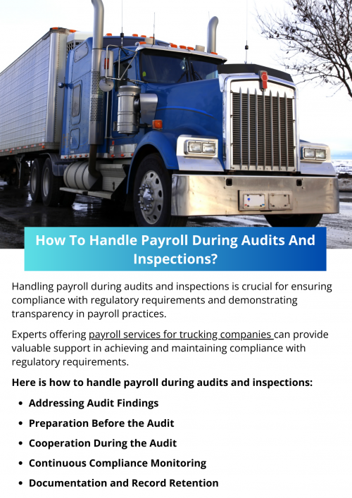 Handling payroll during audits and inspections requires careful preparation, accurate documentation, and a thorough understanding of compliance requirements. By preparing thoroughly, ensuring data accuracy, understanding compliance, and facilitating auditor access, you can navigate audits and inspections effectively. Additionally, addressing audit findings and enhancing payroll processes will help maintain compliance and improve payroll management.  To know more visit here  https://www.truckersprocpa.ca/trucking-payroll-services