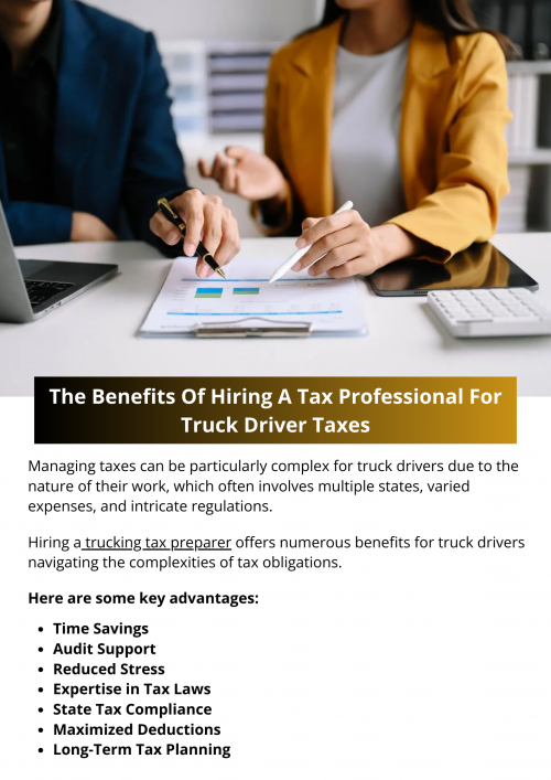 Hiring a tax professional for truck driver taxes offers numerous benefits, including expertise in tax laws, maximized deductions, time savings, reduced stress, audit support, long-term tax planning, state tax compliance, electronic filing, and comprehensive financial advice. To know more visit here https://www.truckersprocpa.ca/trucking-tax-planning-preparation-services