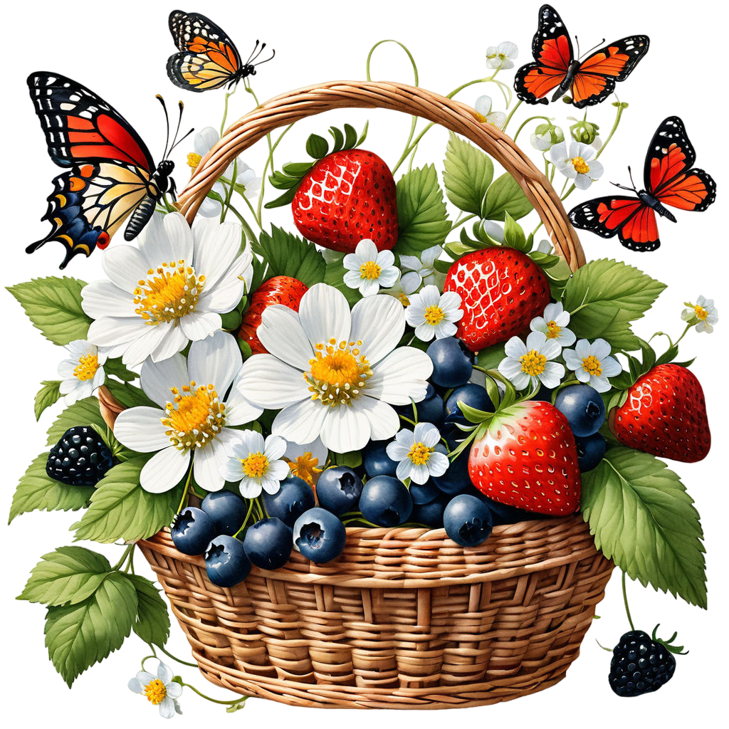 inspired by a watercolor by brian davis a bouquet of berries and strawberry flowers in a wicker bas 