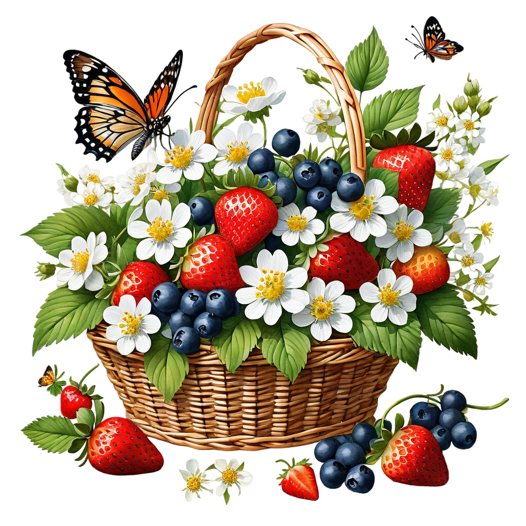 inspired by a watercolor by brian davis a bouquet of berries and strawberry flowers in a wicker bas 