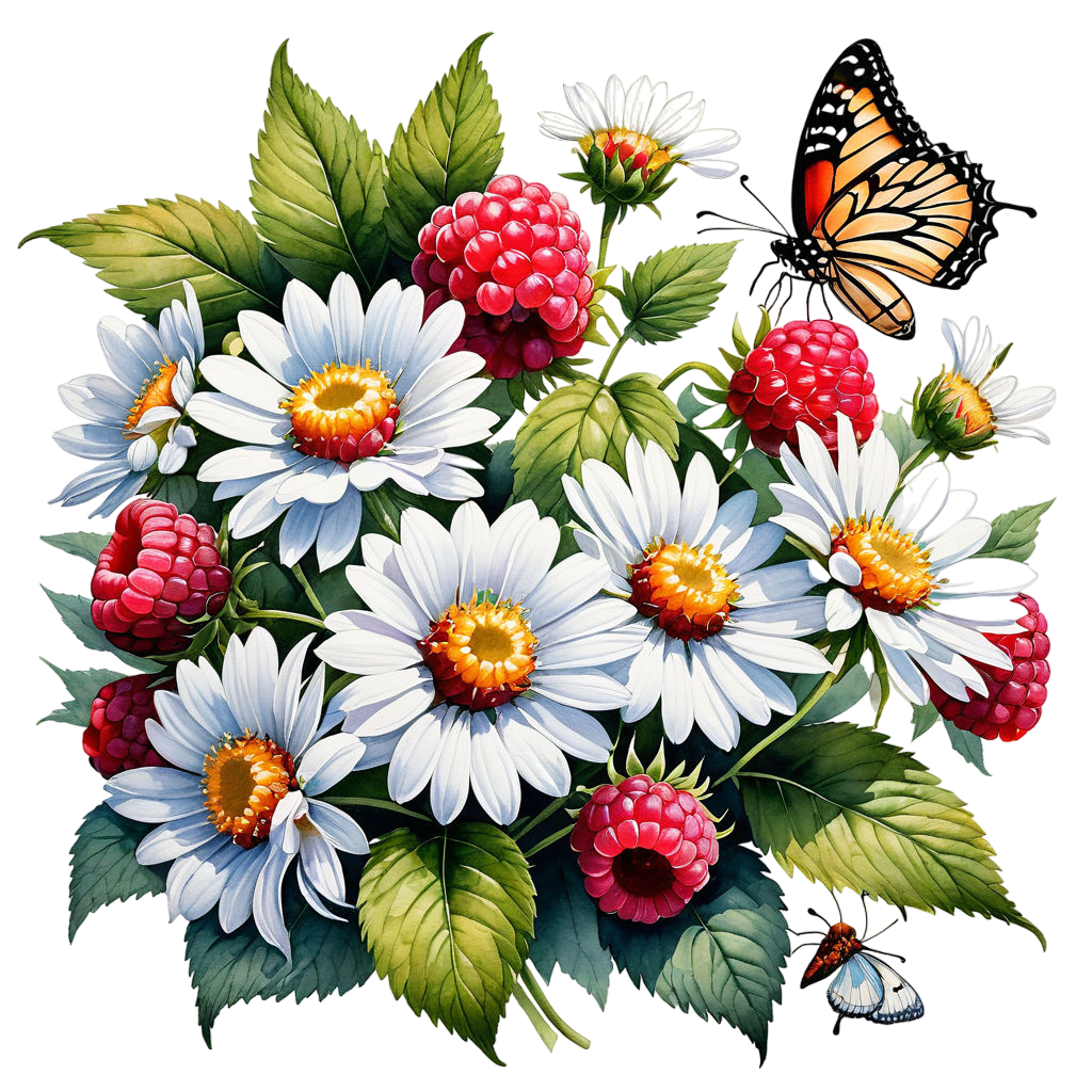 inspired by brian daviss watercolor a bouquet of raspberries and daisies in a reclining position o (