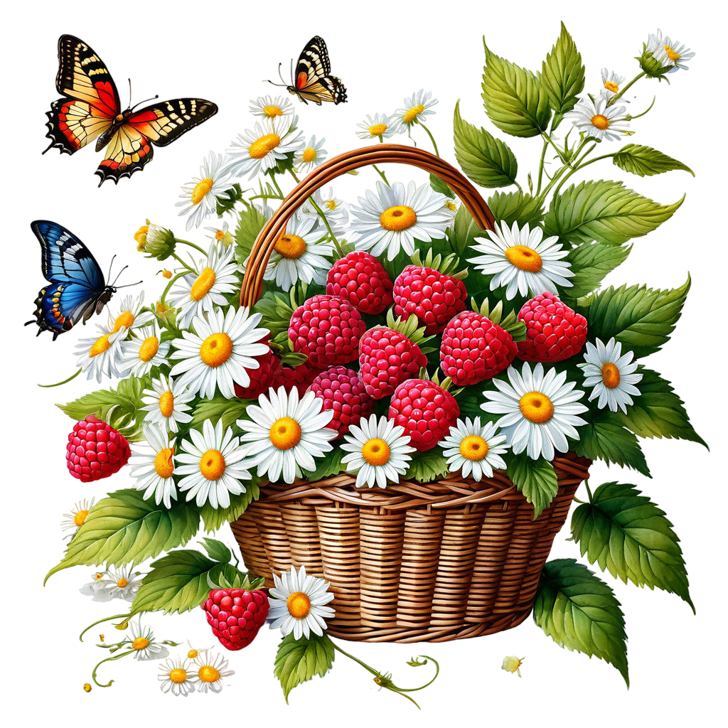 inspired by a watercolor by brian davis a basket with raspberries a bouquet of daisies lies next t P