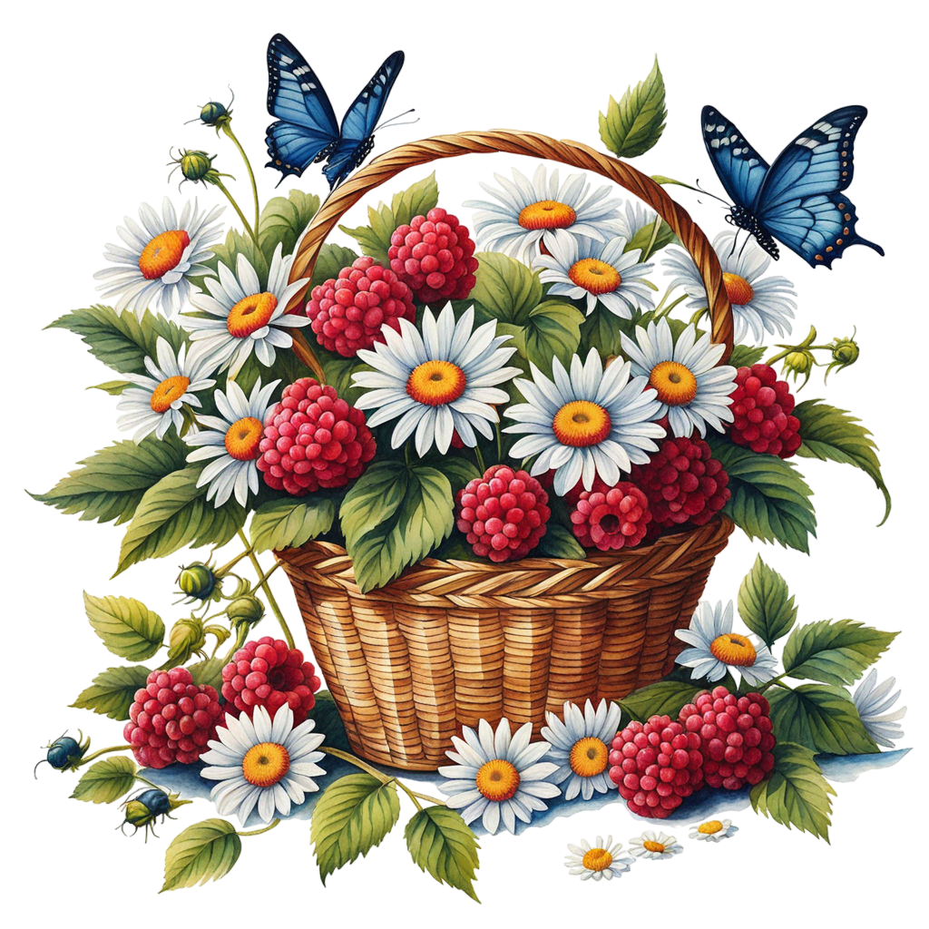 inspired by a watercolor by brian davis a basket with raspberries a bouquet of daisies lies next t (
