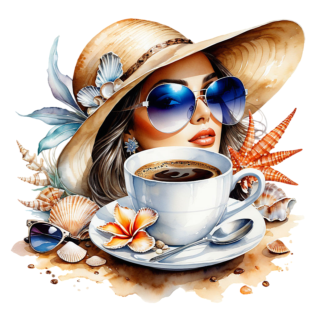 inspired by a watercolor by luis royo a cup of coffee next to it seashells a womans hat sunglas (7) 