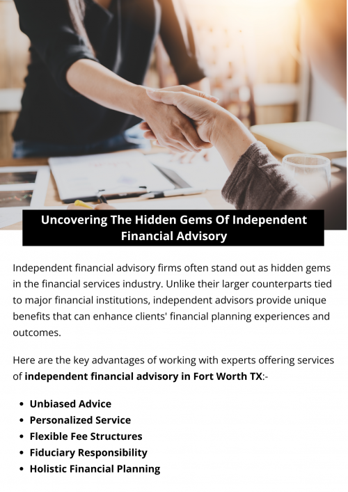 Independent financial advisory firms offer personalized, unbiased advice tailored to individual needs, free from corporate conflicts of interest. These firms often provide more flexible, client-centric services, focusing on holistic financial planning and customized investment strategies. Their independence allows for a broader range of investment options and a commitment to fiduciary standards, ensuring that clients' best interests are always the top priority. To know more visit here https://www.alignedwealthadv.com/financial-planning-fort-worth-tx