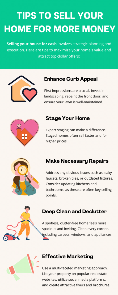 To sell your home for more money, focus on enhancing curb appeal, making necessary repairs and updates, staging the interior attractively, and pricing competitively. Market your property effectively, highlight its unique features, and consider professional photography. Work with a knowledgeable real estate agent, and be flexible with negotiations. To know more visit here https://www.904homebuyer.com/sell