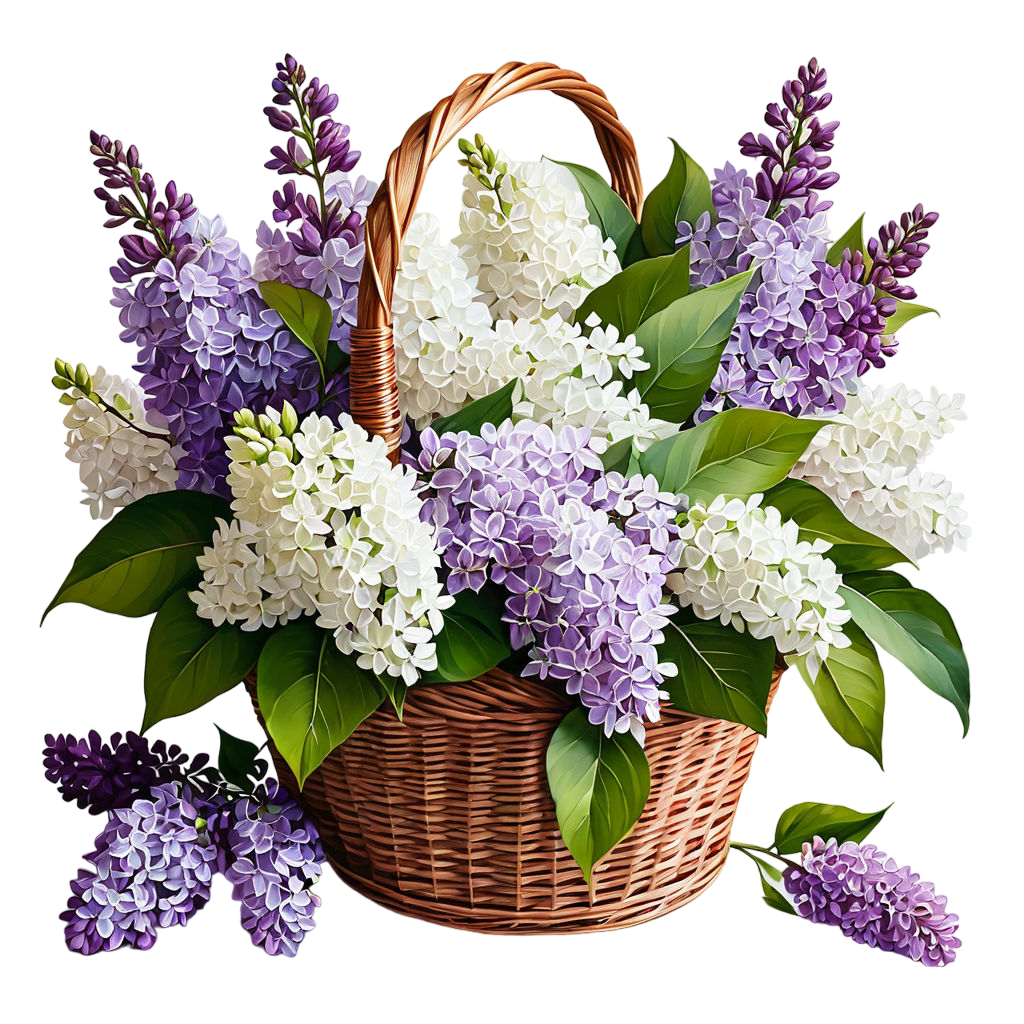 inspired by brian daviss watercolor a bouquet of white and purple lilacs in a wicker basket on a w (