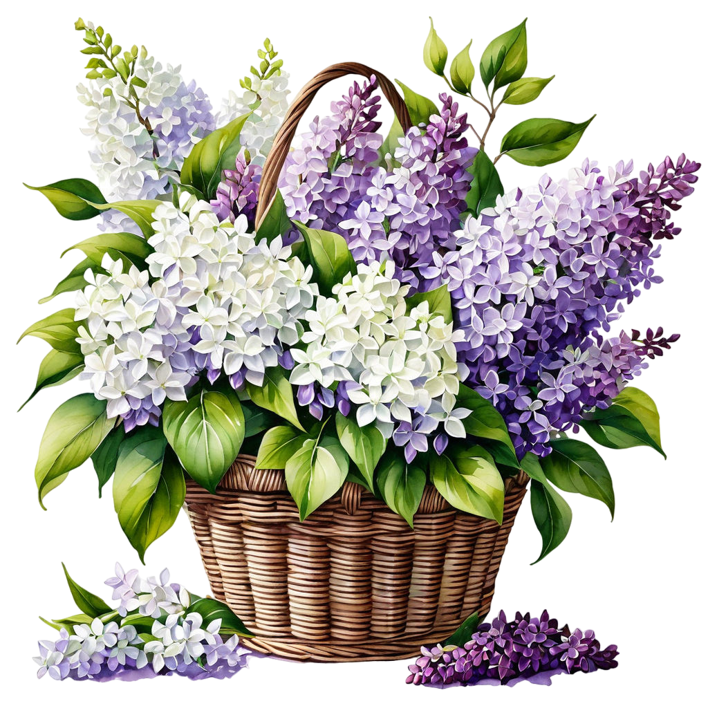 inspired by brian daviss watercolor a bouquet of white and purple lilacs in a wicker basket on a w (
