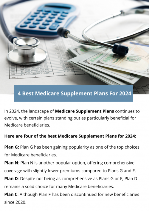 The best Medicare Supplement plans for 2024 may vary depending on individual needs and preferences. However, some popular options include Plan G, Plan N, Plan D, and Plan C. These plans offer comprehensive coverage for Medicare Part A and Part B costs, including deductibles, coinsurance, and copayments, providing financial protection and peace of mind for beneficiaries. To know more visit here https://www.capbluecross.com/wps/portal/cap/home/shop/medicare-supplement