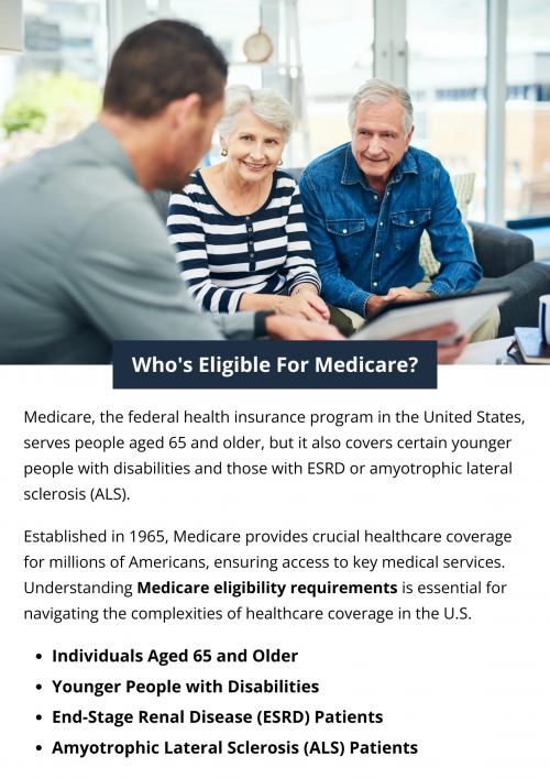 Eligibility for Medicare includes individuals aged 65 and older, those under 65 with certain disabilities receiving Social Security Disability Insurance (SSDI) benefits for at least 24 months and individuals with end-stage renal disease (ESRD) or amyotrophic lateral sclerosis (ALS). Citizenship or legal residency for at least five continuous years in the United States is also required. To know more visit here https://www.capitalbluemedicare.com/wps/portal/capm/home/what-is-medicare/eligibility-enrollment