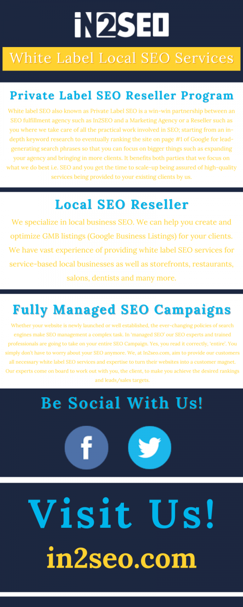 In2SEO is a wholesale white label SEO Agency that provides top quality private label SEO, GMB local SEO, ongoing link building, and SEO reseller services to established and budding digital marketing agencies. We are one of the best SEO outsourcing agencies in the industry in terms of quality of services. We provide affordable white label SEO packages and plans. In2SEO is your trusted internet marketing and search engine optimization partner. Contact In2SEO if you are looking for affordable internet marketing programs for your outsourcing company. Visit here : https://in2seo.com/