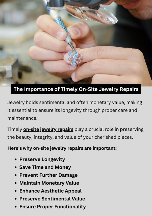 Timely on-site jewelry repairs are essential for preserving the beauty and integrity of your precious pieces. Prompt attention to issues such as loose stones, broken clasps, or damaged settings ensures that your jewelry remains in pristine condition. By addressing repairs promptly, you can prevent further damage and maintain the sentimental and monetary value of your cherished accessories for years to come. To know more visit here https://www.futerbrosjewelers.com/services/jewelry-repairs