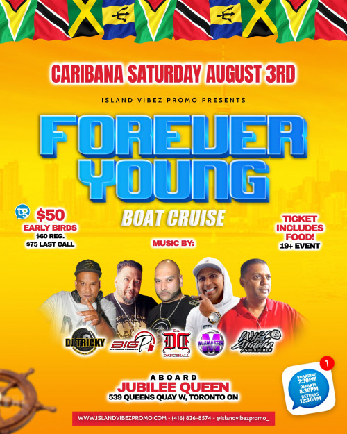 Islandvibez Entertainement is organizing Forever Young - Soca/Chutney Caribana Cruise event by Islandvibez Entertainement on 2024–08–03 08:30 PM in Canada, we are selling the tickets for Forever Young - Soca/Chutney Caribana Cruise. https://www.ticketgateway.com/event/view/foreveryoung2024