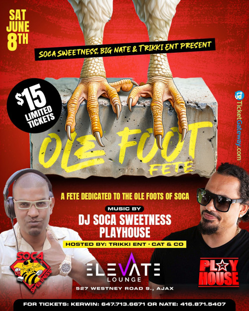 Soca Sweetness, Big Nate & Trikki is organizing The OLE FOOTS FETE event by Soca Sweetness, Big Nate & Trikki on 2024–06–08 10 PM in Canada, we are selling the tickets for The OLE FOOTS FETE. https://www.ticketgateway.com/event/view/olefootfete