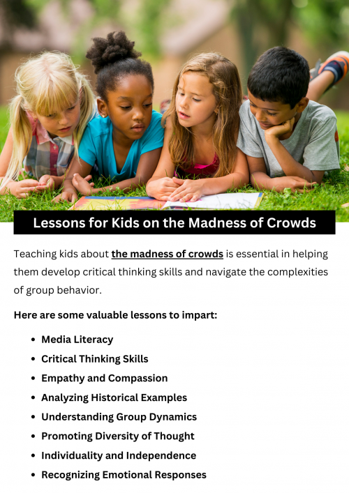 Teaching kids about the madness of crowds helps them understand group behavior. It's not about individual people, but how groups can act strangely sometimes. By learning about this, kids can be smarter when they're part of a group. They can learn to think for themselves and make good choices, even if everyone else is doing something different. To know more visit here https://inflationeducation.net/product/the-madness-of-crowds/
