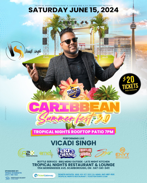 A2K Promotions & Twilight Restaurant And Bar is organizing CARIBBEAN SUMMER FEST 3.0 event by A2K Promotions & Twilight Restaurant And Bar on 2024–06–15 07 PM in Canada, we are selling the tickets for CARIBBEAN SUMMER FEST 3.0. https://www.ticketgateway.com/event/view/caribbean-summer-fest-3-0