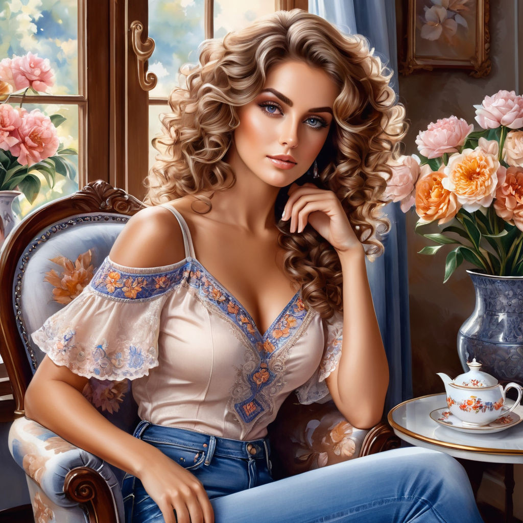 a beautiful european woman in a beautiful summer top and jeans is sitting in an armchair light brow 