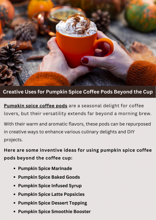 Explore creative ways to use pumpkin spice coffee pods beyond your morning brew. These versatile pods can be used to infuse flavor into various recipes, from baked goods like muffins and cookies to desserts like cheesecake and pudding. Create delicious pumpkin spice lattes or add a dash to your favorite smoothie for a seasonal twist. To know more visit here https://wideawakecoffee.com/coffee-pods/