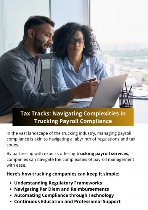 In the intricate ecosystem of trucking payroll compliance, adherence to regulatory requirements is non-negotiable. By comprehensively understanding the regulatory landscape, diligently classifying employees, managing per diem and reimbursements effectively, embracing technological solutions, and prioritizing ongoing education and professional support, trucking companies can navigate the complexities of payroll compliance with confidence.  To know more visit here https://www.truckersprocpa.ca/trucking-payroll-services