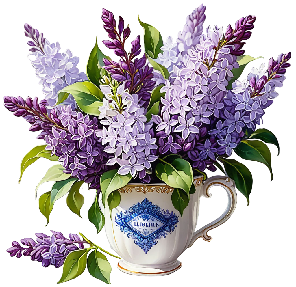 a beautiful little bouquet of lilacs in a beautiful mug in white and purple tones white background (