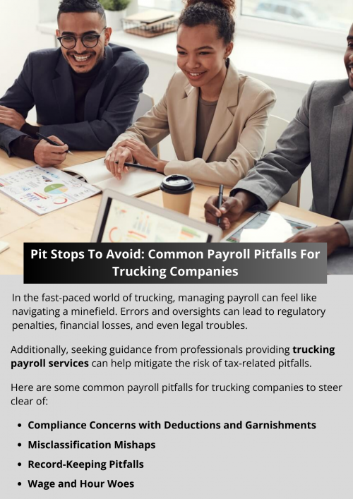 Navigating payroll pitfalls is essential for the smooth operation and legal compliance of trucking companies. By avoiding common pitfalls such as misclassification, wage and hour violations, per diem compliance issues, improper deductions, record-keeping shortcomings, and tax troubles, trucking companies can protect their bottom line and reputation. To know more visit here https://www.truckersprocpa.ca/trucking-payroll-services
