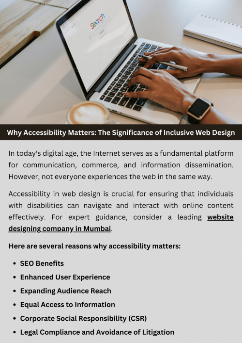 Inclusive web design means making websites usable for everyone, including those with disabilities. Accessibility is crucial because it ensures that all users, regardless of their abilities, can access and interact with online content. By prioritizing inclusive design, websites become more user-friendly and reach a wider audience. It's about creating equal opportunities for everyone to navigate and engage with digital content comfortably. To know more visit here https://singhimarketingsolutions.com/web-designing-services/mumbai/