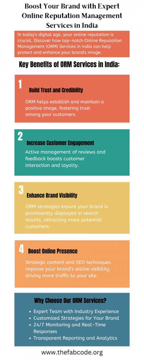 Enhance your brand’s credibility with our expert Online Reputation Management services in India. We help you build a positive online presence, manage customer perceptions, and protect your brand image across digital platforms. Let us take care of your reputation so you can focus on what you do best!

Website: https://thefabcode.org/digital-marketing/online-reputation-management/