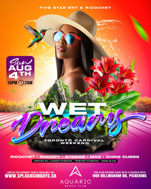 RICOCHET & CO is organizing WET DREAMS - TORONTO CARNIVAL SUNDAY event by RICOCHET & CO on 2024–08–04 10 PM in Canada, we are selling the tickets for WET DREAMS - TORONTO CARNIVAL SUNDAY. https://www.ticketgateway.com/event/view/wetdreamto