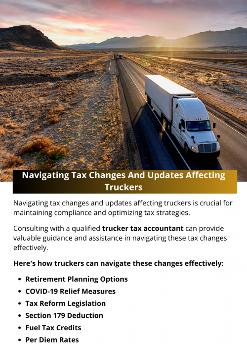 Navigating tax changes and updates affecting truckers requires vigilance, proactive planning, and a thorough understanding of evolving tax laws. By staying informed, adapting to regulatory shifts, and leveraging available resources, truck drivers can effectively manage their tax obligations while maximizing deductions and credits. This proactive approach not only ensures compliance but also supports financial stability and growth within the dynamic trucking industry landscape. To know more visit here https://www.truckersprocpa.ca/trucking-accounting-services