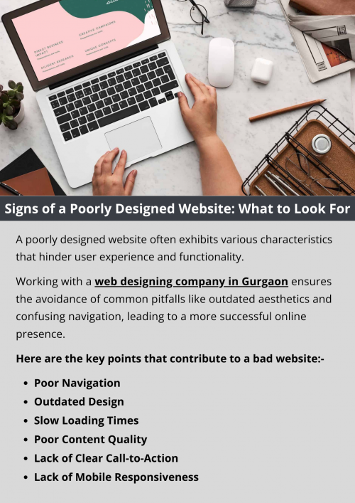 A poorly designed website often exhibits various characteristics that hinder user experience and functionality. These include slow loading times, inconsistent or confusing navigation, cluttered layouts, outdated or distracting visuals, lack of mobile responsiveness, broken links, poor readability due to font and color choices, and insufficient accessibility features. To know more visit here https://singhimarketingsolutions.com/web-designing-services/gurgaon/