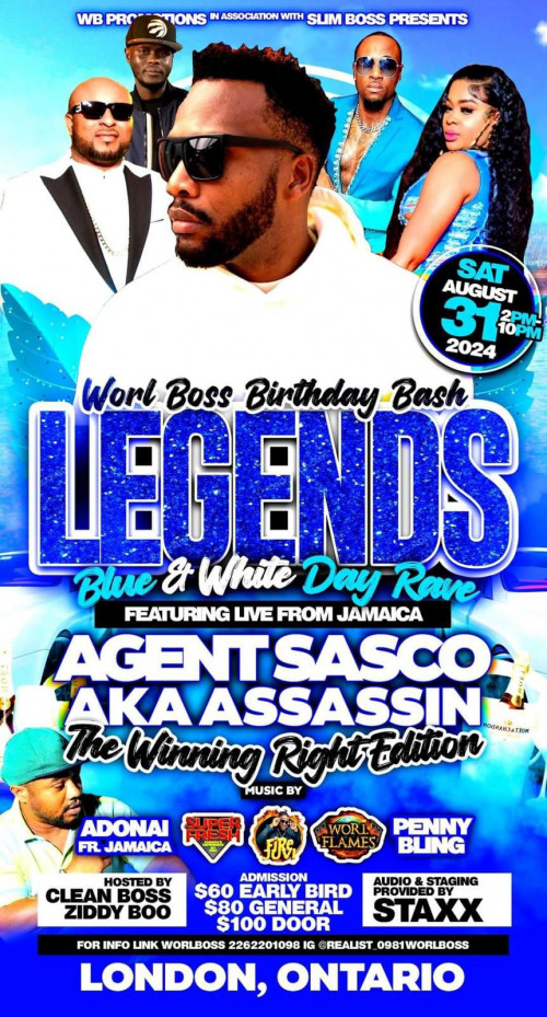 WB PROMOTIONS is organizing AGENT SASCO LIVE IN CONCERT - LEGENDS - WORL'BOSS BDAY event by WB PROMOTIONS on 2024–08–31 02 PM in Canada, we are selling the tickets for AGENT SASCO LIVE IN CONCERT - LEGENDS - WORL'BOSS BDAY. https://www.ticketgateway.com/event/view/agent-sasco-live-in-concert---legend---worl-bos-bday