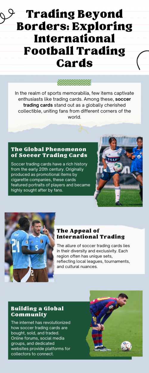 Exploring international soccer trading cards opens a window into the global passion for the sport. Collecting these cards is more than a hobby; it's a way to connect with diverse cultures and iconic players worldwide. Each card tells a story, featuring stars from different leagues and tournaments. For high school graduates, diving into this world offers a fun, educational experience, blending sports history and cultural appreciation, while also teaching the nuances of international football fandom. To know more visit here https://thecardvault.co.uk/collections/football-soccer-sports-trading-cards-panini-topps