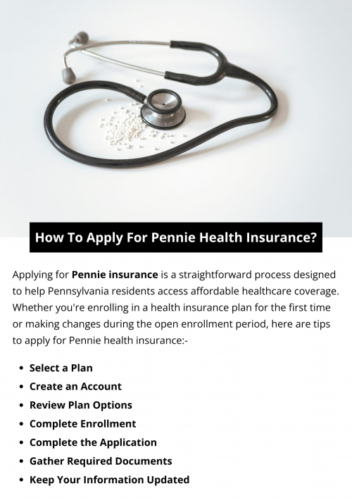 To apply for Pennie Insurance, visit the official website or call their customer service hotline. Create an account, complete the application, and provide necessary information such as household income and family size. You may also qualify for financial assistance. Once your application is submitted, you'll receive a determination of eligibility and can then select a plan that meets your needs. To know more visit here https://www.capbluecross.com/wps/portal/cap/home/shop/individual/what-is-pennie
