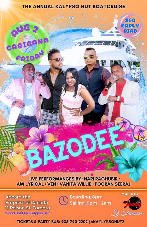 Hut 2 Ent. is organizing BAZODEE Boat Cruise event by Rum Diaries Hut 2 Ent. 2024–08–02 9 PM in Canada, we are selling the tickets for BAZODEE Boat Cruise.https://www.ticketgateway.com/event/view/bazodee-boat-cruise