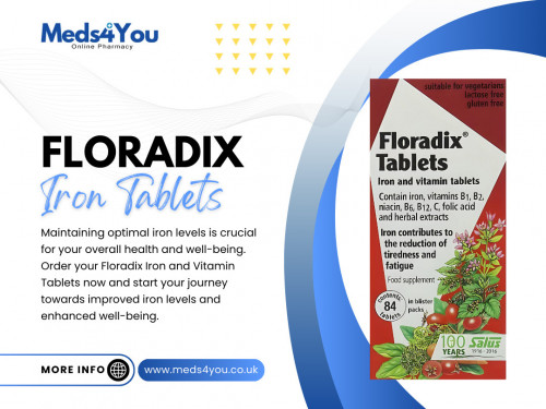 Iron is also essential for brain health. It produces neurotransmitters, which are chemicals that transmit signals in the brain. Adequate iron levels are associated with improved cognitive function, better concentration, and enhanced memory. Floradix iron tablets can help ensure your brain has the iron to function optimally.

Official Website: https://www.meds4you.co.uk/

Visit for More Information About: https://www.meds4you.co.uk/products/floradix-iron-and-vitamin-tablets-84-tablets

Address: 114-116 High Street, Coleshill, Birmingham B46 3BJ, United Kingdom
Phone: +44 333 577 5567

Our Profile: https://gifyu.com/meds4you

More Photos:

https://tinyurl.com/25fhvtad
https://tinyurl.com/276wltdc
https://tinyurl.com/2xw73h8l
https://tinyurl.com/269wcb4e