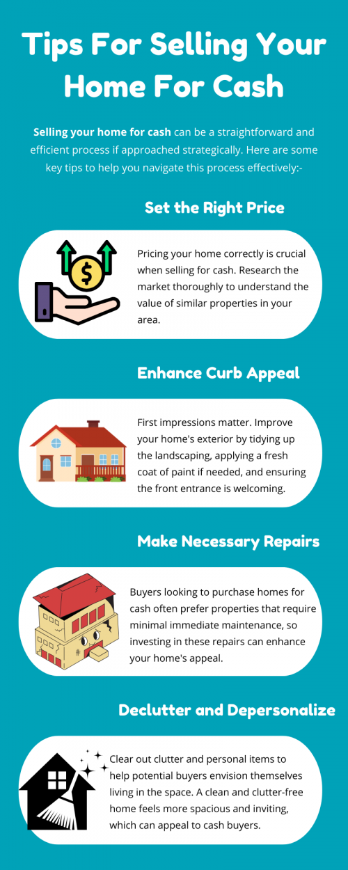 Selling your home for cash can offer several advantages, including a faster transaction and potentially fewer complications compared to traditional sales. By preparing your home effectively, setting a competitive price, and leveraging appropriate marketing strategies, you can increase your chances of attracting cash buyers and completing a successful sale. To know more visit here https://www.904homebuyer.com/sell