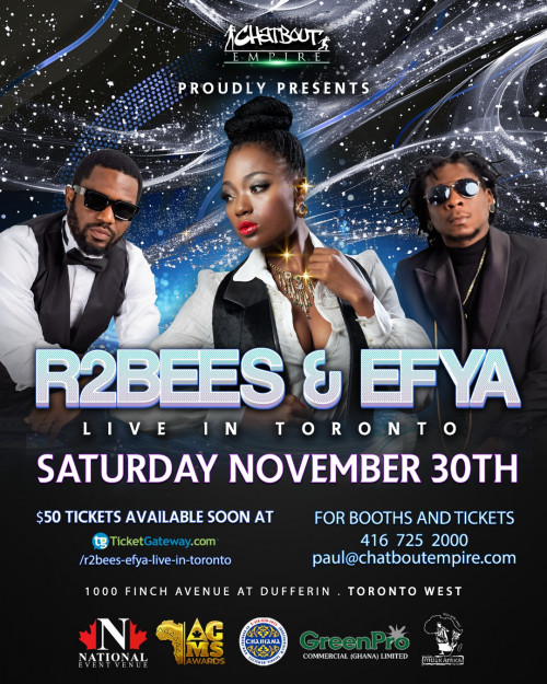 Chatbout-Empire is organizing R2BEES & EFYA LIVE IN TORONTO event by Chatbout-Empire 2024–11–30 10 PM in Canada, we are selling the tickets for R2BEES & EFYA LIVE IN TORONTO .https://www.ticketgateway.com/event/view/r2bees-efya-live-in-toronto