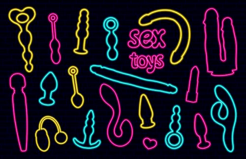 Sex toys neon collection. Set of erotic elements. Anal plugs, vibrators, balls, dildo. Retro sign.